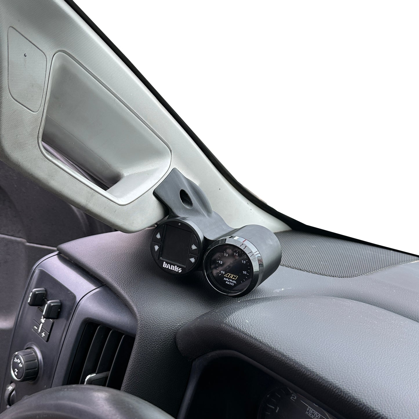 Dual gauge pod mount for 2015-2019 Chevy Silverado 2500 3500 Sierra grab handle