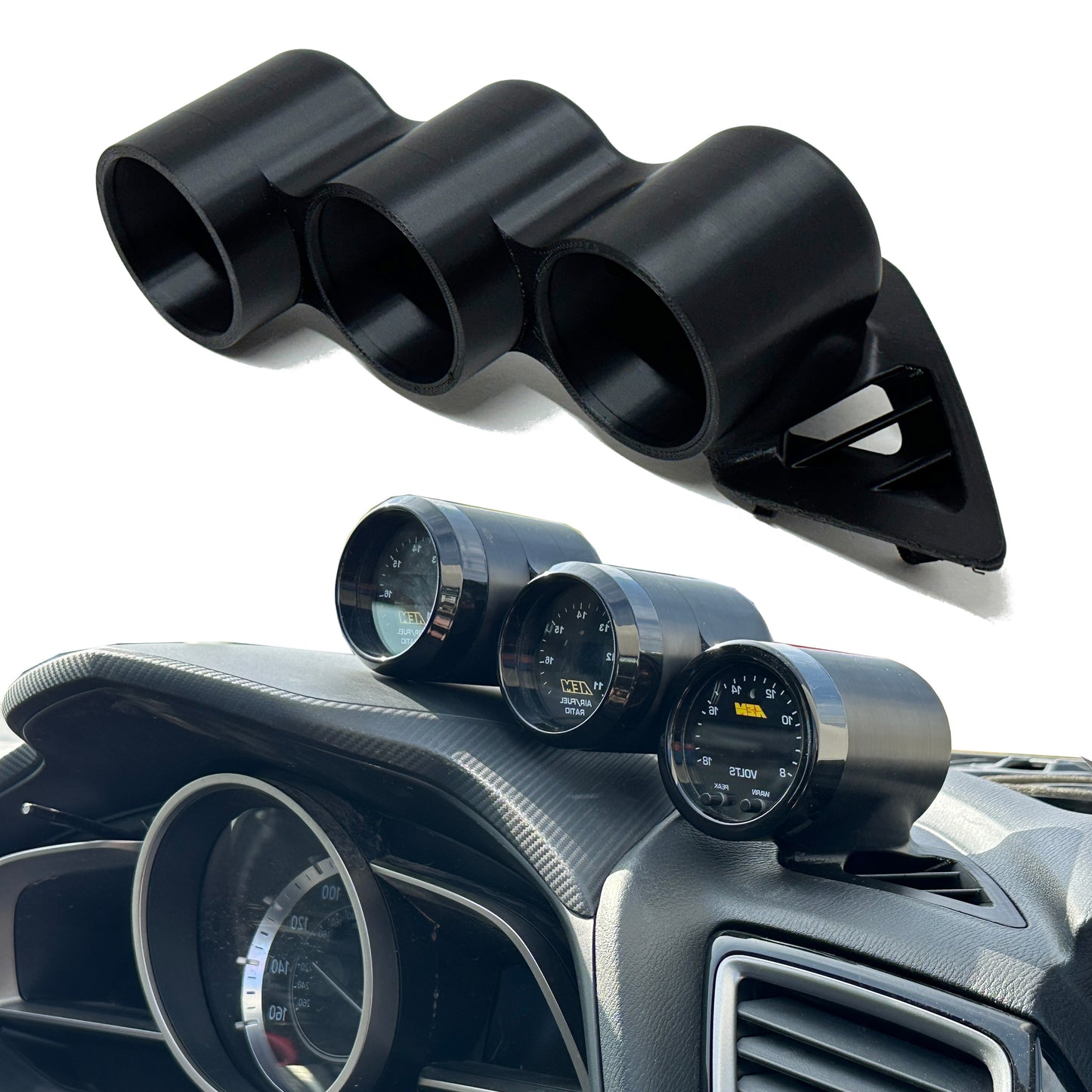 Triple gauge pod mount for 2014-2018 Mazda 3 functional defrost vent