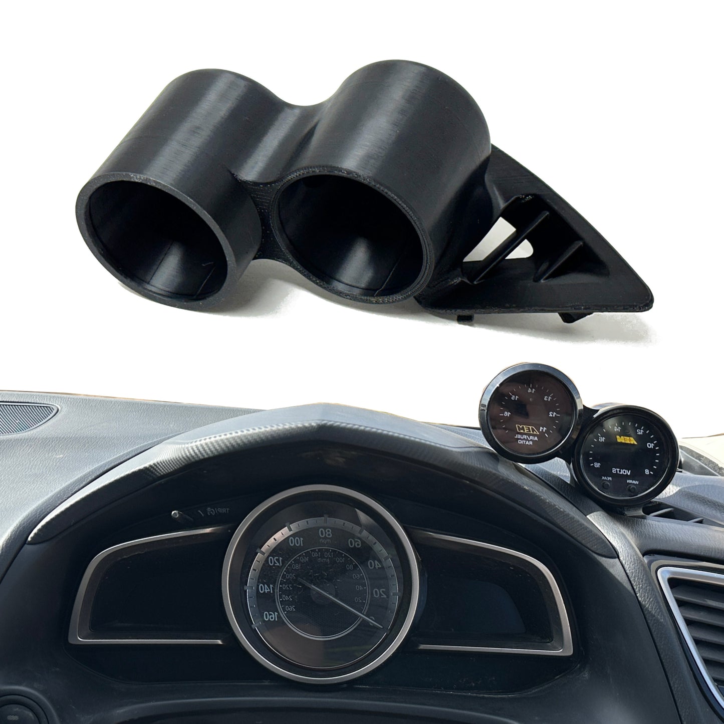 Dual gauge pod mount for 2014-2018 Mazda 3 functional defrost vent