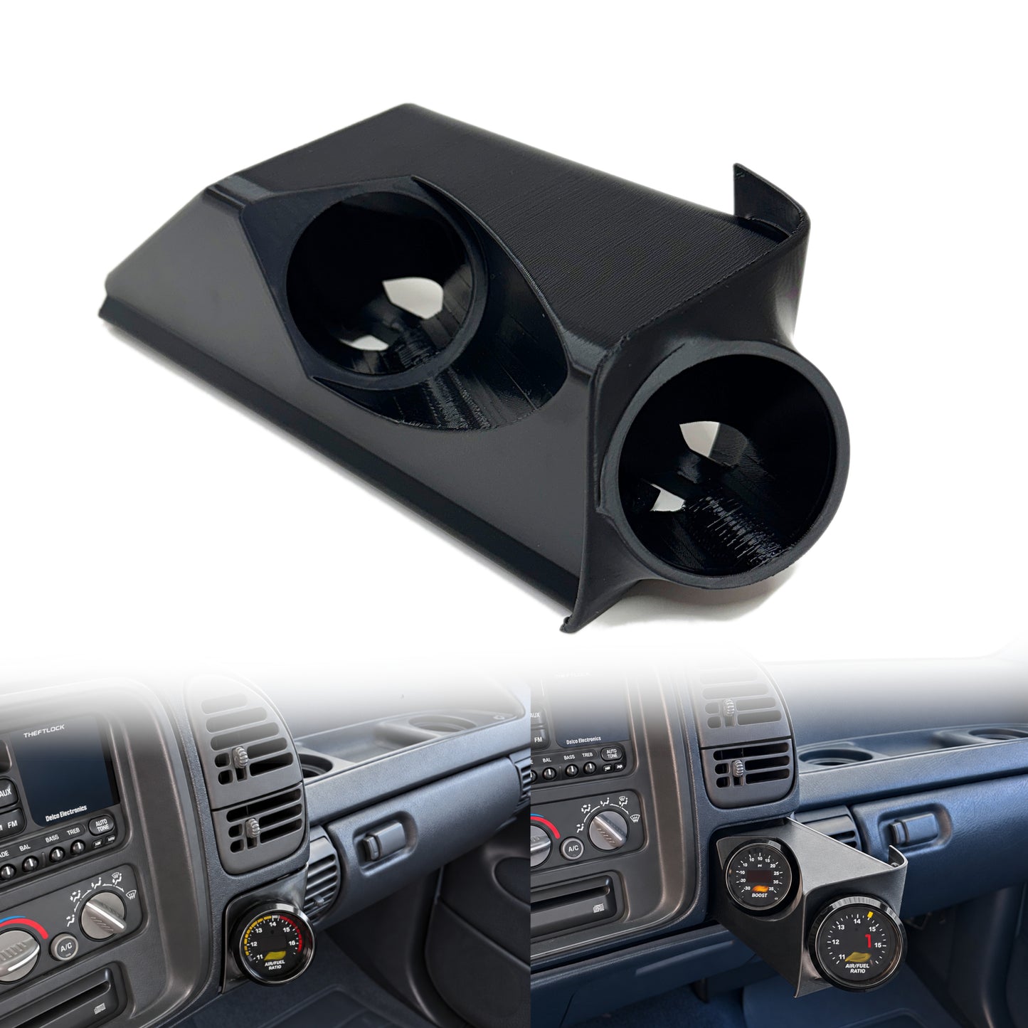 Dual gauge pod for 1995-1999 Chevy Silverado GMC Suburban Tahoe Cup Holder