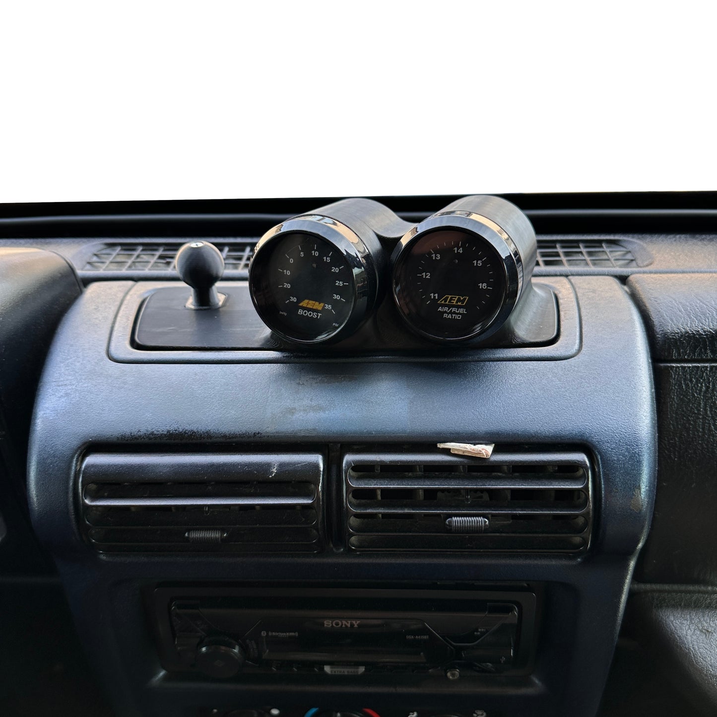 Dual gauge pod mount for 1997-2002 Jeep Wrangler TJ center storage tray with ball