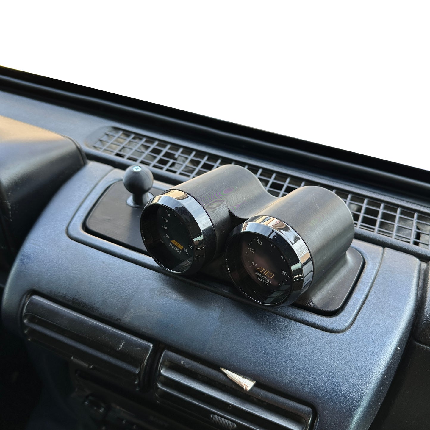 Dual gauge pod mount for 1997-2002 Jeep Wrangler TJ center storage tray with ball