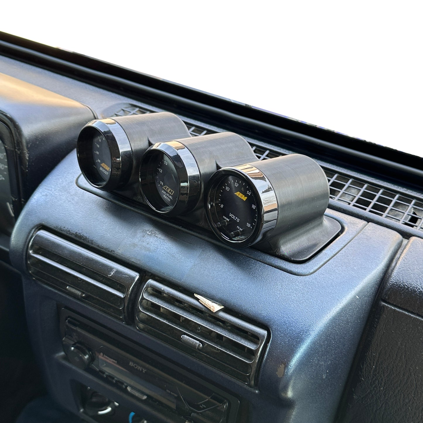 Triple gauge pod mount for 1997-2002 Jeep Wrangler TJ center storage tray