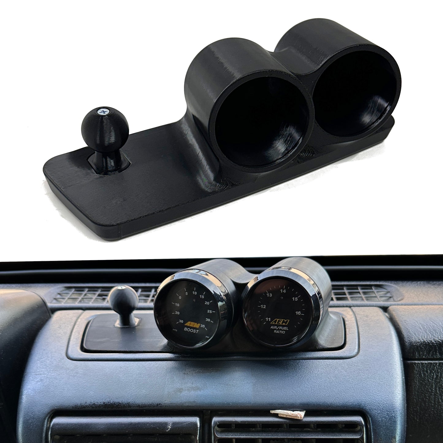 Dual gauge pod mount for 1997-2002 Jeep Wrangler TJ center storage tray with ball